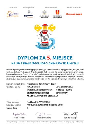  5. MIEJSCE NA 34. FINALE OGÓLNOPOLSKIM ODYSEI UMYSŁU
